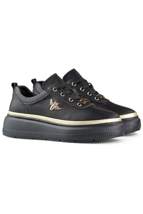 Skórzane czarne sneakersy damskie złote dodatki - 38 Primohurt Skórzane czarne sneakersy damskie złote dodatki - 38 Primohurt