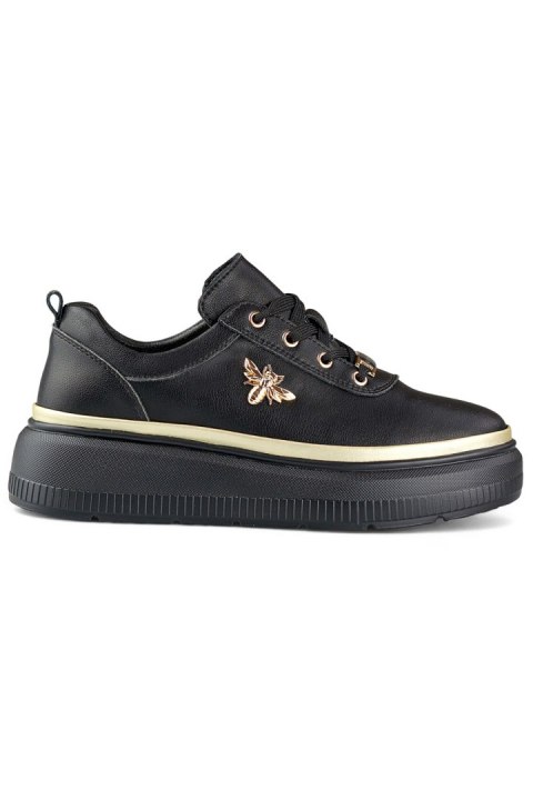 Skórzane czarne sneakersy damskie złote dodatki - 39 Primohurt Skórzane czarne sneakersy damskie złote dodatki - 39 Primohurt
