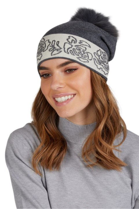 LILIANA POMPON FOX czapka damska grafitowa z pomponem - Kamea LILIANA POMPON FOX czapka damska grafitowa z pomponem - Kamea
